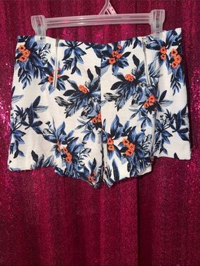 Sophie Rue White High-Waist Floral Shorts with Blue & Orange Print